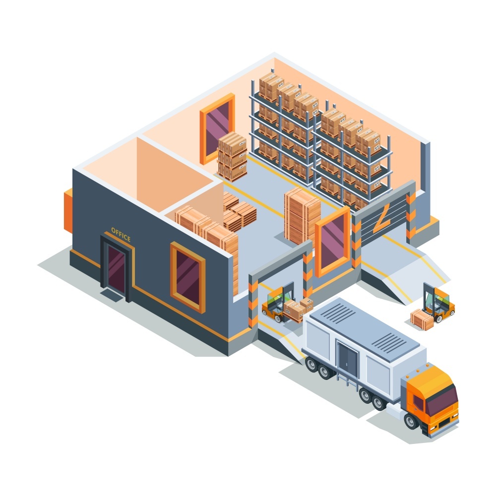 fale teu oloa isometric.Tele fale teu oloa masini forklift felauaiga ma uta loli faleteuoloa fale kolosi vector.Fa'ata'ita'iga faleteuoloa fa'atasi ai ma atigipusa ma fa'atosina